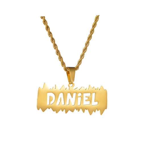 18k gold plated stainless steel personalized nameplate jewelry for men bulk custom dripping cut out name necklace with rope chain wholesale suppliers